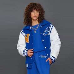 Baseball Bomber Jacket Button Up Coat Men Women Clothing Harajuku Plus Size Streetwear Outerwear Goth Blue Tops Hip Hop Long Sleeve Varsity Jacket For Fall, Blue Varsity Jacket For Fall, Blue Varsity Jacket With Baseball Collar, Fall College Style Blue Varsity Jacket, Blue College Style Varsity Jacket For Fall, Retro Blue Outerwear With Letter Print, Blue College Style Outerwear For Streetwear, Blue Hip Hop Outerwear For Streetwear, Blue Hooded College Style Outerwear