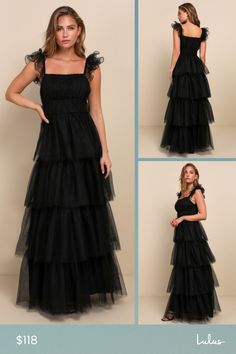 We're totally head over heels for the Lulus Tulle For Love Black Mesh Tulle Tiered Ruffled Maxi Dress and we think you will be too! Lightweight tulle and airy mesh come together to shape this stunning dress. Elasticized straps boast sculptural ruffled trim as they support a bodice with a square neckline (with hidden no-slip strips) and an empire waist. Skirt has a voluminous tiered design, finishing at a maxi hem. Hidden zipper/clasp at side. Fit: This garment fits true to size. Length: Floor le Lulu Fashion, Love Black, Tiered Maxi Dress, Head Over Heels, Ruffled Maxi Dress, Dress Medium, Square Necklines, Black Mesh, Stunning Dresses