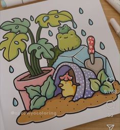 a drawing of a potted plant in the rain with an umbrella and other plants