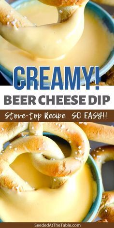 creamy beer cheese dip recipe with pretzels in the background and text overlay