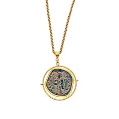 Both sides of this ancient Byzantine coin (Kōnstantinos X, Follis, Constantinopolis mint, AD 1059-1067) can be showcased in this 22k yellow gold spinner/reversible pendant. Coin pendant is on a solid 22k yellow gold 18 inch rolo chain necklace. Rare and unique ancient coin displayed in a versatile necklace with a beautiful, rich high-karat gold color. Ancient Coin Pendant, Brown Leather Necklace, Vintage Pendant Necklace, Large Pendant Necklace, Gold For Sale, Coin Pendant Necklace, Antique Pendant, Ancient Coins, Color Dorado