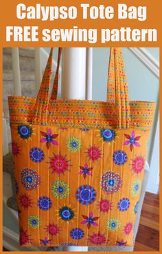 an orange tote bag sitting on top of a stair case with the words, free sewing pattern