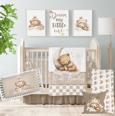 Personalize this adorable teddy bear crib bedding set for your baby boy with his name, creating a charming addition to your nursery, whether it's neutral, moon-themed, or teddy bear-themed. You'll love it! Please see all details for the crib bedding options in the listing photos as well as the descriptions below. 3 Piece Set includes:  Minky Comforter Blanket Crib Sheet Gathered Crib Skirt 4 Piece Set includes: Minky Comforter Blanket Crib Sheet Gathered Crib Skirt Pillow 5 Piece Set includes: M Bear Nursery Boy Cricut, Baby Boy Cot Bedding Sets, Bear Crib Bedding Set, Boys Nursery Bedding Sets, Baby Bear Nursery Artwork, Teddy Bear Bedding, Bear Crib Bedding, Bear Nursery Theme, Floral Nursery Bedding