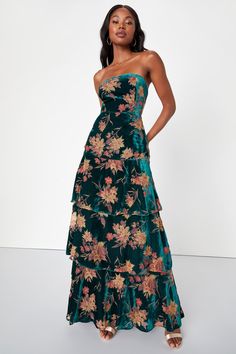 Real Allure Emerald Floral Burnout Velvet Strapless Maxi Dress Formal Wedding Guest Dress, Formal Wedding Guests, Winter Wedding Guests, Fall Wedding Guest, Green Velvet Dress, Fall Wedding Guest Dress, Burnout Velvet, Guest Attire, Bridal Party Dresses