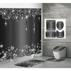 a black and white photo of a bathroom with shower curtain, toilet and rugs