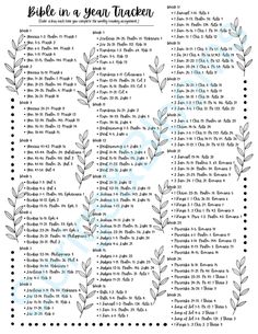 a printable bible in a year tracker with leaves on the side and words above it