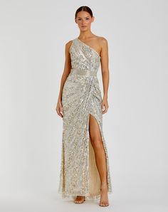 Sequined One Shoulder Draped Lace Up Gown Ever After Dress, One Shoulder Neckline, Mac Duggal Dresses, Asymmetrical Neckline, Side Cuts, Mac Duggal, Mesh Overlay, Sequin Fabric, Thigh High