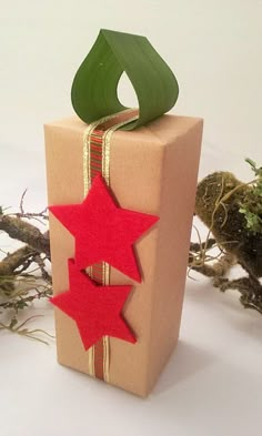 a present wrapped in brown paper with red stars on it and a green leaf sticking out of the top