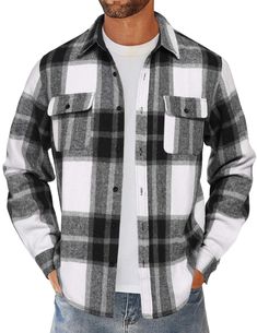 PRICES MAY VARY. Premium Fabric: Mens Flannel Shirt is made of premium cotton material that is comfortable, warm, lightweight, skin-friendly and durable; the fabric is brushed to provide an extra layer of warmth and a velvety touch against the skin Stylish Design: Plaid Shirt Jacket features with long sleeve, spread collar, button down closure, chest pockets, adjustable button cuffs and plaid pattern; lined cuffs and collar can enhance durability, ensures the collar and cuffs maintain their shap Mens Flannel Jacket, Mens Overcoat, Mens Jackets Casual, Plaid Shirt Men, Fall Outfits Men, Flannel Shirts, Mens Flannel Shirt, Mens Flannel, Flannel Jacket