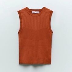 Ribbed Sleeveless Knit Top With Round Neck And Little Knit Detail At Front . Nwt Color: Rust Stretchy All Sales Are Final! No Returns! Orange Ribbed Sleeveless Top, Fitted Sleeveless Brown Knit Top, Brown Ribbed Sleeveless Top, Sleeveless Ribbed Brown Top, Sleeveless Brown Sweater Vest For Summer, Casual Orange Sleeveless Sweater Vest, Brown Ribbed Sleeveless Tank Top, Chic Sleeveless Brown Knit Top, Chic Brown Sleeveless Knit Top