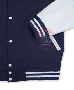 DETAILS OF JACKET The Classic Varsity Jacket Color: Navy Blue / White Navy Blue / White Rib on Neck, Wrist & Bottom/Hem Two External Side Pockets Exterior Sleeve: Cowhide Leather Interior: Polyester lining Style: Classic Varsity Care: DRY CLEAN ONLY We can add custom embroidery, printing, or labels on these jackets as per the customer's demand. Additional charges apply. Classic Navy Varsity Jacket For Fall, Navy Varsity Outerwear For Fall, Classic Blue Long Sleeve Varsity Jacket, Navy Outerwear For College In Winter, Blue Varsity Jacket With Ribbed Cuffs For Fall, Blue College Varsity Jacket With Button Closure, Blue Varsity Jacket With Button Closure For College, College Blue Varsity Jacket With Button Closure, Navy Varsity Hooded Outerwear