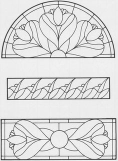 three different stained glass designs in black and white