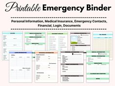 the printable emergency binder for personal information, medical insurance, emergency contacts, financial, login documents