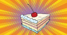 a piece of cake with a cherry on top is shown in the pop art style