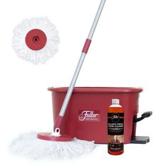 a mop, bucket and cleaning supplies on a white background