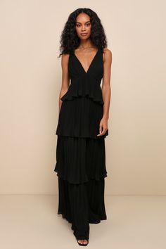 Mesmerizing Essence Black Pleated Backless Tiered Maxi Dress Elegant V-neck Pleated Dress With Ruffles, Elegant Pleated Dress With Ruffles For Evening, Sleeveless Chiffon Pleated Party Dress, Sleeveless Chiffon Pleated Dress For Party, Chic Sleeveless Pleated Dress For Gala, Elegant Fitted Chiffon Pleated Dress, Elegant Chiffon Pleated Cocktail Dress, Flowy Pleated Evening Dress, Evening Fitted Chiffon Pleated Dress