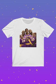 an image of three basketball players on a white t - shirt against a purple background