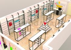 an artist's rendering of a retail store with tables and shelves filled with items