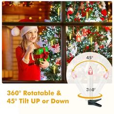 a girl holding a present in front of a christmas tree with the words 350'rotatable & 45'til up or down