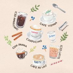 a painting of different types of food and drinks on a white surface with words written in spanish