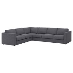 a gray sectional couch with the corner section facing off to the side, on a white background