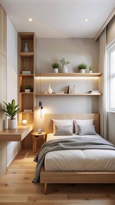 a bed room with a neatly made bed and shelves