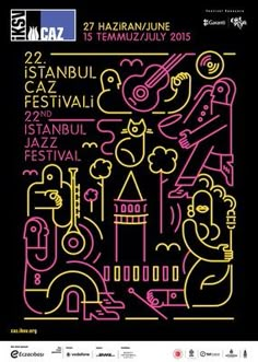 an event poster for the festival with neon colors and music instruments on it, in front of