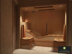 an indoor sauna with benches and lights