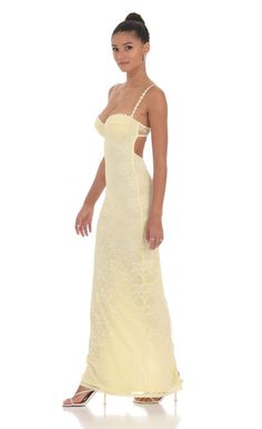 Lace Floral Trim Maxi Dress in Yellow | LUCY IN THE SKY Prom Dresses Tight Fitting Lace, Yellow Corset Formal Dress, Yellow Lace Prom Dresses, Soft Yellow Dress Prom, Nuetral Prom Dress, Yellow Bodycon Dress Prom, Prom Dress White Lace, Yell Prom Dresses, Sheri Hill Yellow Prom Dress