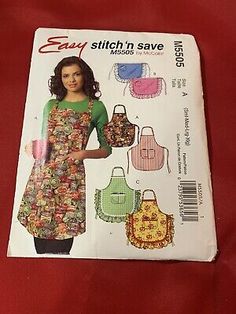 the sewing pattern for an easy apron is shown in front of a red cloth background