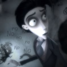 an animated image of a man in a suit and tie holding a knife with writing on it