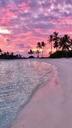 a beach with palm trees in the background and pink sky above it at sunset or dawn