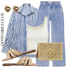 Shop The Outfit, Blue Striped Shirt, One Summer, Causual Outfits, Girls Club, Casual Work Outfits, Jeans White, White Crop, Clothing Inspiration