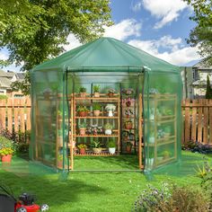 a small green house in the middle of a yard with potted plants on it