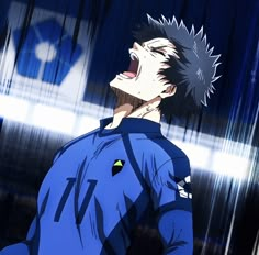 an anime character with his mouth open in front of a blue curtain and the background is blurry