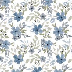 blue flowers and leaves on white background