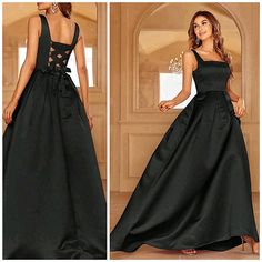 New Princess Seamed Square Neck Lace Up Ball Gown Dress * Sleeveless * Princess Square Neck * High Waist * Back Corset Like Lace Up Tie Detail * Pleated Waist Full Length Skirt *Approximate Unstretched Measurements* Xs (2) * Bust 32"(Up To 34") * Waist 25.25"(Up To 26") * Length 61.25" Small (4) * Bust 34"(Up To 35.25") * Waist 27.2"(Up To 27.5") * Length 61.75" Medium (6) * Bust 35.75"(Up To 37") * Waist 29"(Up To 29") * Length 62.25" Large (8/10) * Bust 37.75"(Up To 39.5") * Waist 31"(Up To 31 Black Classy Formal Dress, Black Sleeveless Prom Gown, Black Sleeveless Gown For Banquet, Sleeveless Satin Maxi Dress With Corset Back, Sleeveless Maxi Dress With Corset Back For Formal Events, Sleeveless Maxi Dress With Corset Back For Formal Occasions, Sleeveless Gown With Corset Back For Formal Events, Formal Sleeveless Gown With Corset Back, Sleeveless Gown With Corset Back For Evening