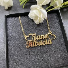 "( Double Name Necklace ) Metal:- Stainless Steel  Stone:- None Chain type:- Link Chain Description:-  It will make you exciting to see your or your loved once names on this jewelry. Material: Stainless steel Plating: 18K Silver or Gold or Rose Gold Chain Length:-  35cm, 40cm, 45cm, 50cm, 55cm If you want Solid Rose gold, Gold or Yellow Gold, let us know we can also make that for you on request.  Great for a birthday gift, a gift for a friend, Lovers gift, anniversary gift, or even a gift for yourself! → [How to process the order] 1. Please tell us the names and font number in the 'Personalization Box' Above For Example- Jasmine + Nick, Font 1 Note: if you do not choose a font, we will make same as picture font and select the finish, Size, etc from the menu option. 2. Now, click on \"Pay w Double Name Necklace, Double Name, Couple Ring Design, Name Necklace Gold, Nameplate Necklace, Gold Name Necklace, Couples Gift, Tiny Earrings, Special Jewelry