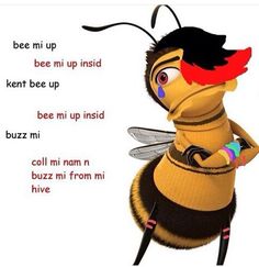 a cartoon bee with words written on it