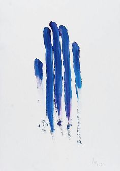 an abstract painting of blue paint streaks on white paper with black ink in the middle