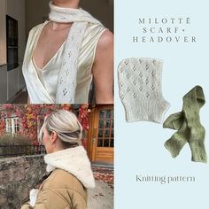 the knitted scarf and head cover is shown in three different colors, including white