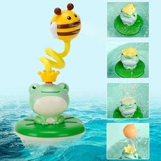 the toy is floating in the water and has a bee on it's head