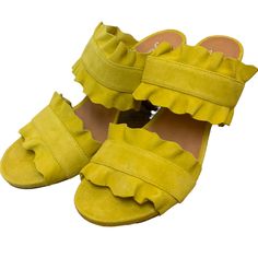 Free People Women’s Yellow Suede Ruffled Slip On Heel Sandals Rosie Shoes Size 39 Spring Party Suede Mules, Summer Party Sandals With Ruffles, Spring Formal Heels With Ruffles, Spring Ruffle Detail Round Toe Heels, Summer Suede Mules With Heel Strap, Chic Open Toe Sandals With Ruffles, Yellow Suede Heels For Spring, Spring Evening Sandals With Ruffles, High Heel Ruffled Summer Heels