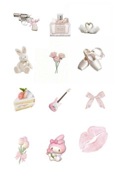 a bunch of different items that are in the shape of hearts and flowers on a white background