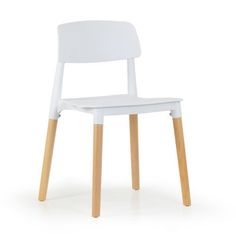 a white plastic chair with wooden legs