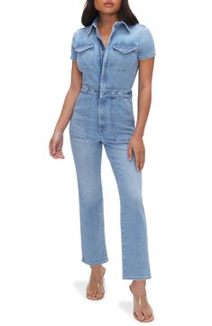 Feel powerful in this stretch-denim jumpsuit with snaps at the waist for a defined look and lots of handy pockets to keep you feeling organized. Front half-zip closure Spread collar Short sleeves Chest flap-patch pockets; front patch pockets; back patch pockets Snap side tabs 72% cotton, 25% recycled cotton, 2% elasterell-p, 1% elastane Machine wash, tumble dry Imported Black Owned/Founded Feel Powerful, Fragrance Cologne, Baby Gear Essentials, Perfume Gift Sets, Perfume Gift, Fragrance Gift, Fragrance Gift Set, Fragrance Design, Fabric Gift Bags