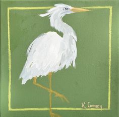 a painting of a white bird on a green background