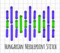 the hungarian needlepoint stitch pattern is shown in blue and green with numbers on it