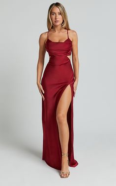 Sophie Midi Dress - Cowl Neck Cross Back Dress in Red Split Maxi Dress For Gala During Prom Season, Homecoming Floor-length Dress With Side Slits, Floor-length Homecoming Dress With Side Slits, Party Maxi Dress With Boning, Split Maxi Dress With Fitted Bodice For Prom, Fitted Split Maxi Dress For Prom, Fitted Split Maxi Dress For Prom Season, Fitted Gown With Side Slits For Night Out, Prom Dresses With Split Design And Backless Shape