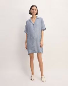 The Linen Shirt Dress White / Blue – Everlane Shirt Dress White, Linen Shirt Dress, White Shirt Dress, Shirtdress, Linen Women, Dress White, Above The Knee, Linen Shirt, The Knee